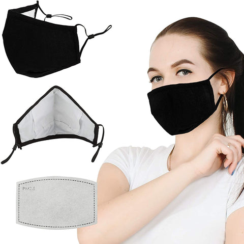 Reusable Cloth Unisex Face Mask with Activated Carbon Filter and Adjustable Ear Loop, Comfortable Masks, Washable, UV and Dust Resistant Protection for Airborne Air Particles and Aerosol Droplets.